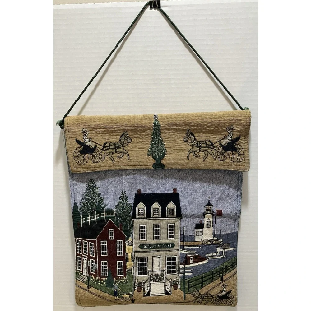 Tapestry Wall Hanging Woven Coastal Village Seaside Scene 16x13